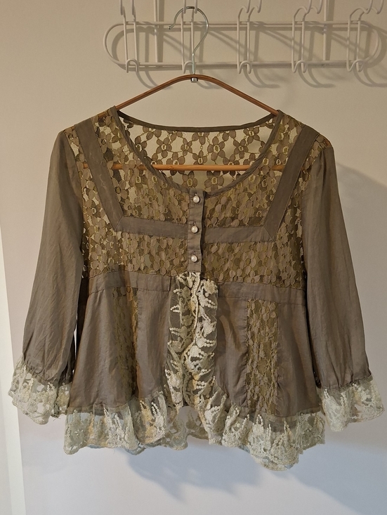 Tops - Olive Green Lace, Ruffle-trim, 100% Cotton Sheer Pearl-button Cardi (Size XS/S)